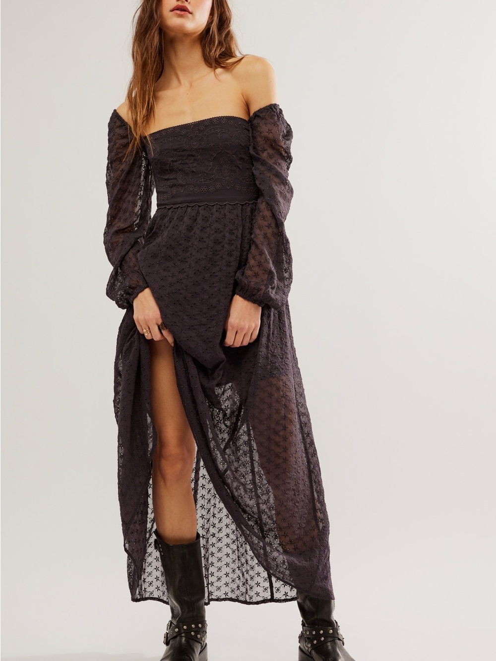 NWT Free People Black Long Sleeve Maxi Dress with Square Neckline S